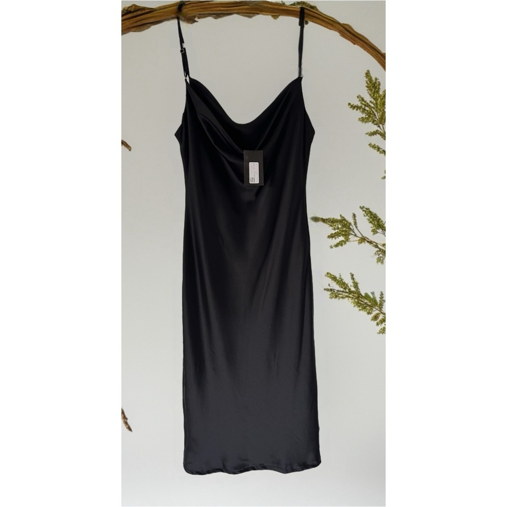 Beauty+Gace Size-M Dress Satin Cowl Neck Midi Slip Black‎